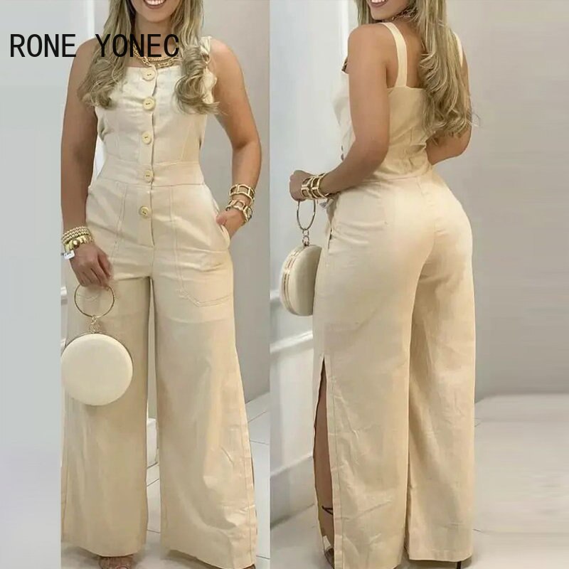 2024 Women Elegant Sexy Solid Thick Straps Button Pocket Sleeveless Straight Silt Casual Jumpsuit