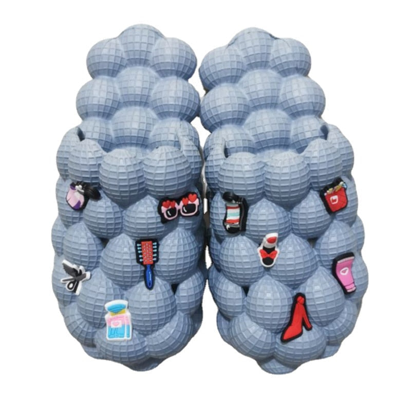 2024 Women Fashion Personality Indoor Bathroom Bubble Slides With Charms Men Lady Beach Thick Sole Massage Slippers Haze Blue Accessory