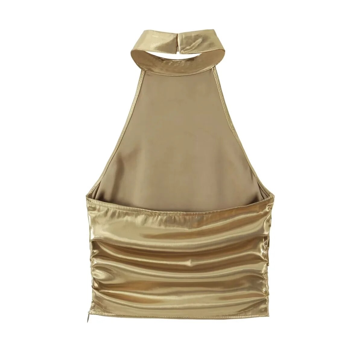 2024 Women Metallic Glitter Hanging Neck Crop Top Y2K Fashion Sleeveless Ruched Top Summer Sexy Backless Slim Tops