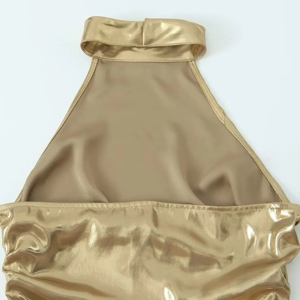 2024 Women Metallic Glitter Hanging Neck Crop Top Y2K Fashion Sleeveless Ruched Top Summer Sexy Backless Slim Tops