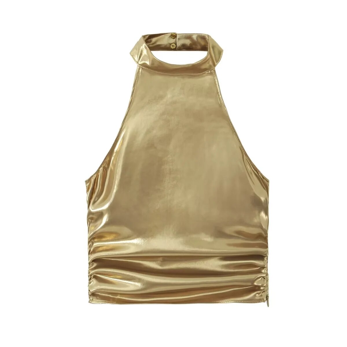 2024 Women Metallic Glitter Hanging Neck Crop Top Y2K Fashion Sleeveless Ruched Top Summer Sexy Backless Slim Tops