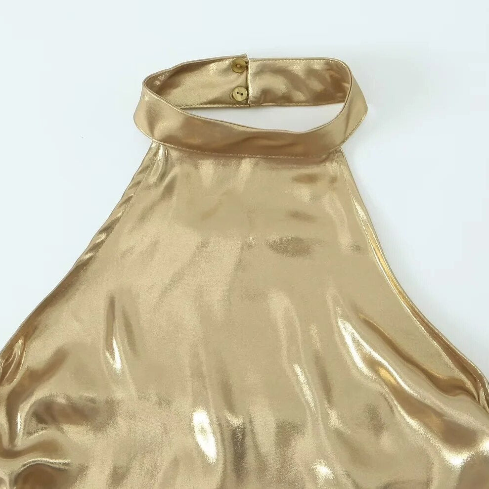 2024 Women Metallic Glitter Hanging Neck Crop Top Y2K Fashion Sleeveless Ruched Top Summer Sexy Backless Slim Tops