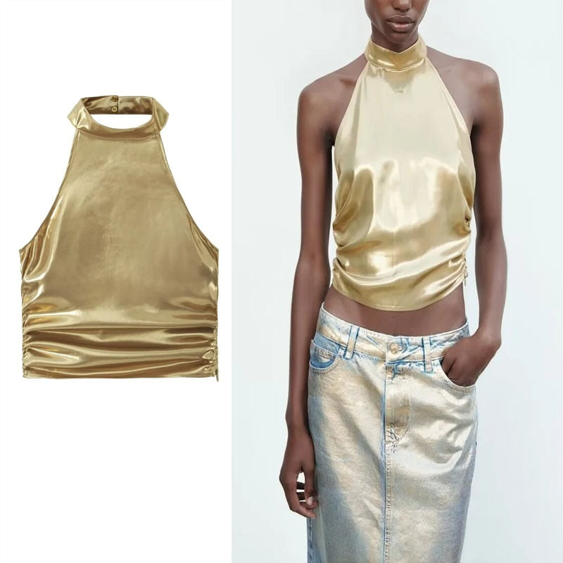 2024 Women Metallic Glitter Hanging Neck Crop Top Y2K Fashion Sleeveless Ruched Top Summer Sexy Backless Slim Tops AMAIO