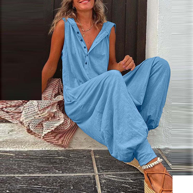 2024 Women Retro Solid Jumpsuit Casual Sleeveless Button Hooded Jumpsuits Lady Fashion Loose Pocket Pleated Small Foot Overalls