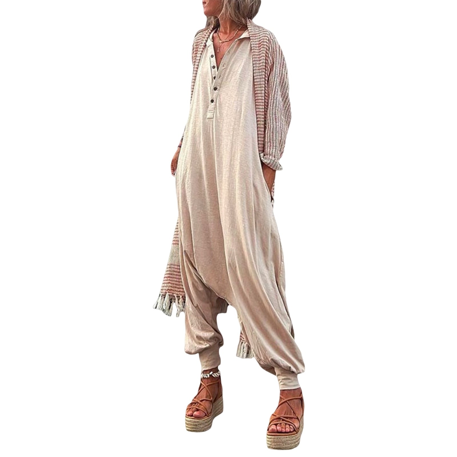 2024 Women Retro Solid Jumpsuit Casual Sleeveless Button Hooded Jumpsuits Lady Fashion Loose Pocket Pleated Small Foot Overalls Beige 1