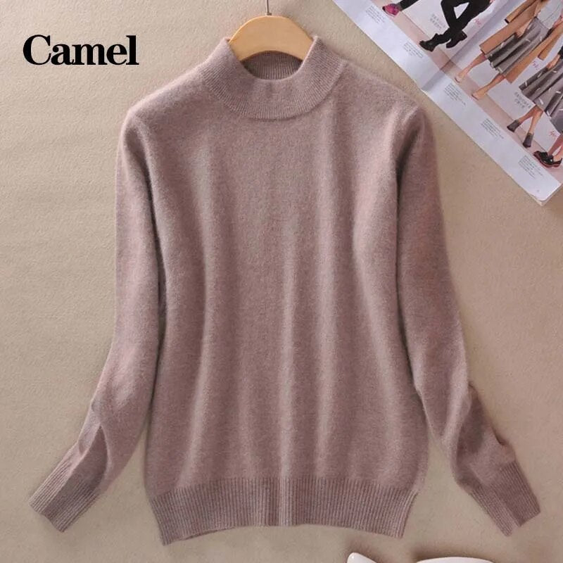 2024 Women Winter Spring Warm Solid Knitted Soft Cashmere Wool Blend Slim Pullover Jumper Sweater Top Khaki