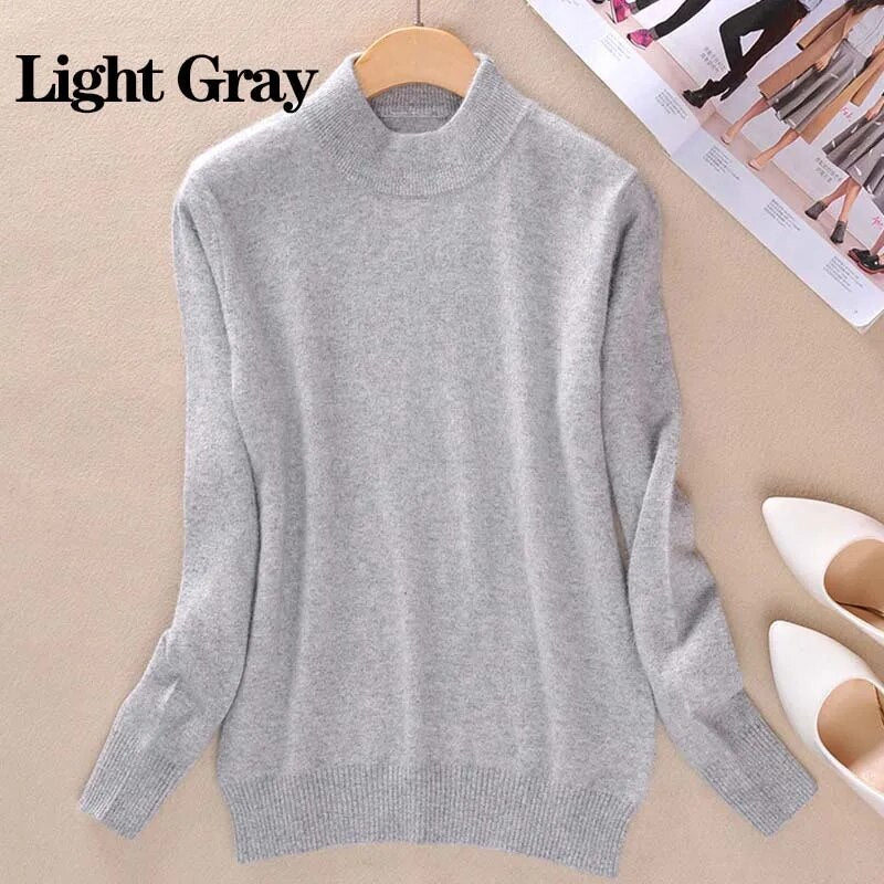 2024 Women Winter Spring Warm Solid Knitted Soft Cashmere Wool Blend Slim Pullover Jumper Sweater Top Gray