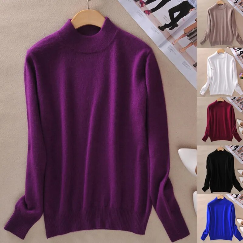 2024 Women Winter Spring Warm Solid Knitted Soft Cashmere Wool Blend Slim Pullover Jumper Sweater Top AMAIO