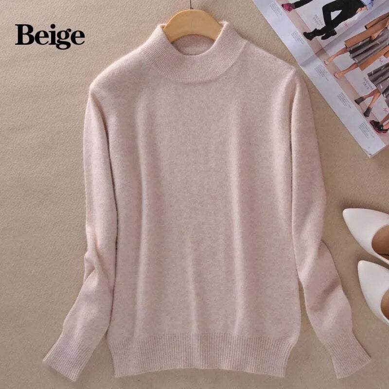 2024 Women Winter Spring Warm Solid Knitted Soft Cashmere Wool Blend Slim Pullover Jumper Sweater Top Beige