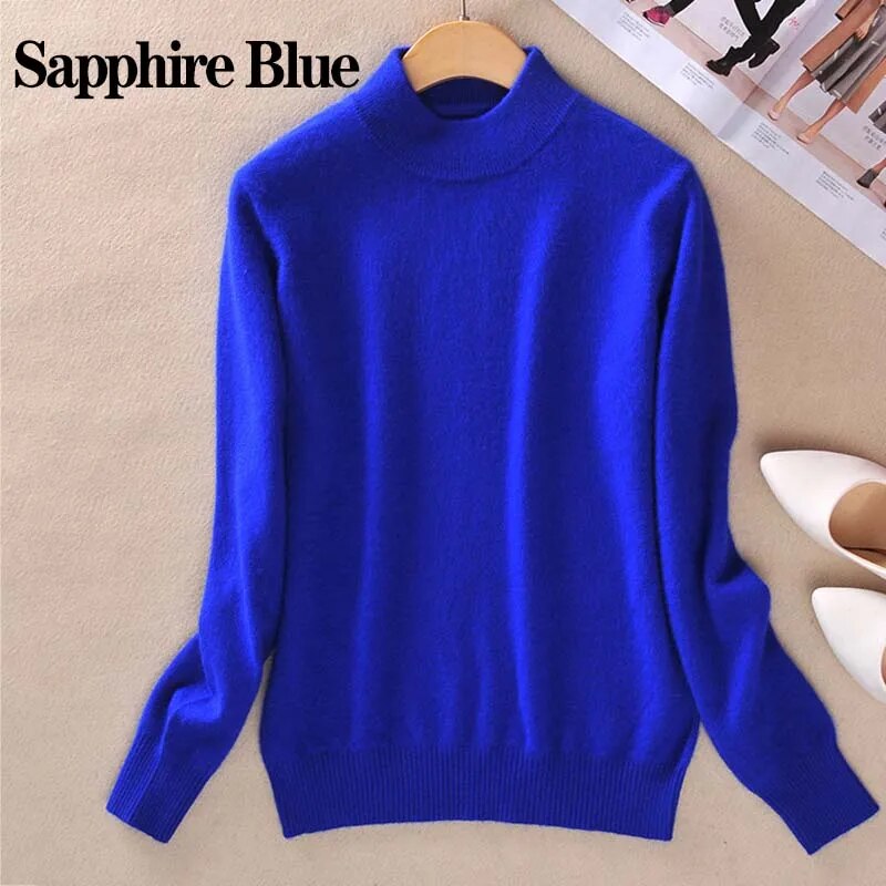 2024 Women Winter Spring Warm Solid Knitted Soft Cashmere Wool Blend Slim Pullover Jumper Sweater Top Blue