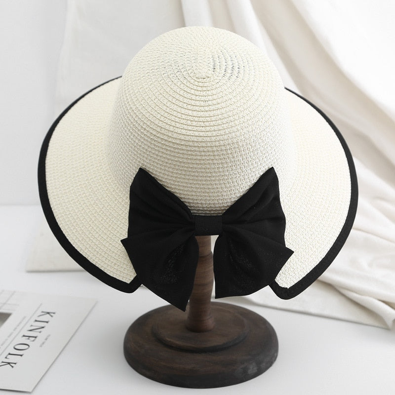 2024 Women's Beach Panama Summer Hat Travel casual bowknot Straw Hat Fashion Beach Holiday ladies sun bucket Hat White 56-58 cm