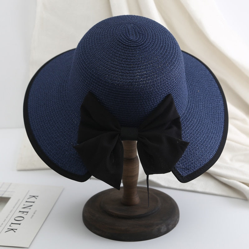 2024 Women's Beach Panama Summer Hat Travel casual bowknot Straw Hat Fashion Beach Holiday ladies sun bucket Hat Navy Blue 56-58 cm