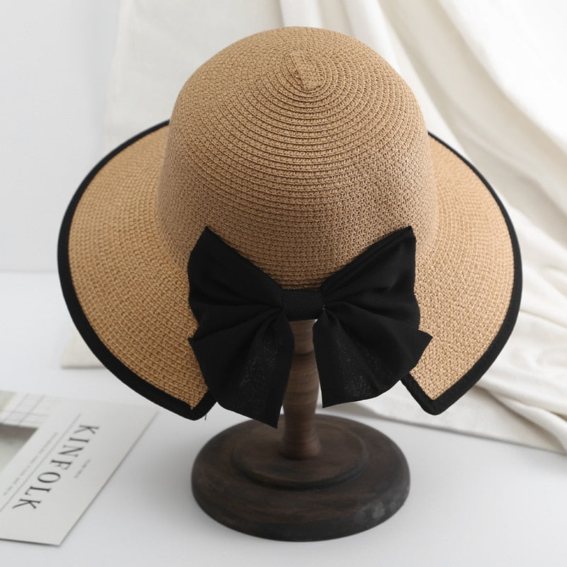 2024 Women's Beach Panama Summer Hat Travel casual bowknot Straw Hat Fashion Beach Holiday ladies sun bucket Hat Khaki 56-58 cm