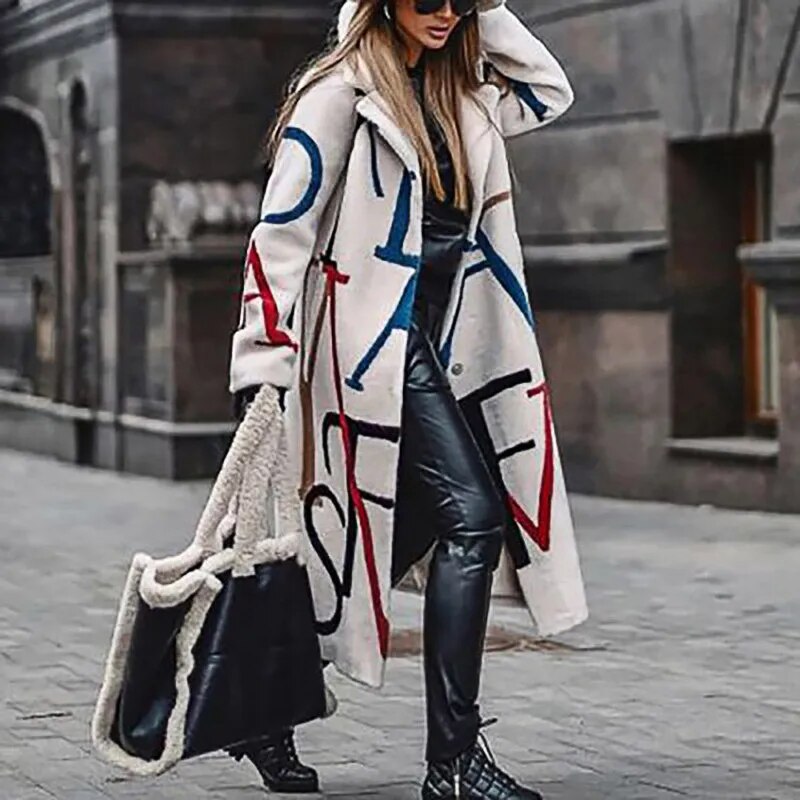 2024 Women's Fashion New Autumn and Winter Windbreakers Casual Loose Temperament Retro Print White Long Plush Ladies Coat AMAIO