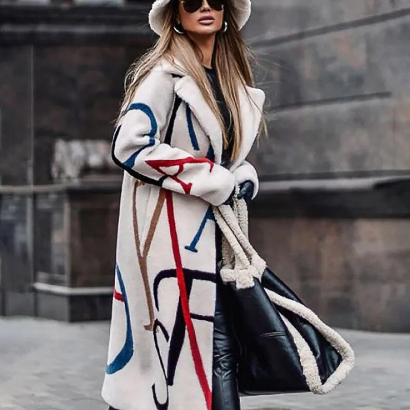 2024 Women's Fashion New Autumn and Winter Windbreakers Casual Loose Temperament Retro Print White Long Plush Ladies Coat White
