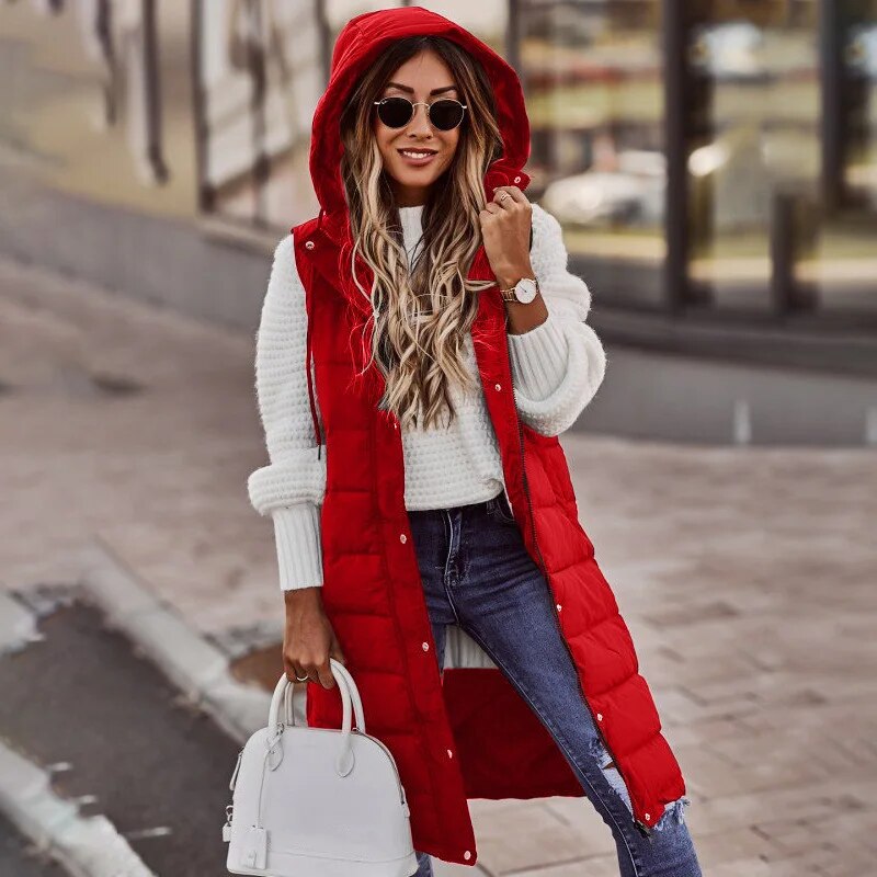2024 Women's Long Winter Hooded Down Vest Sleeveless Warm Coat Knee-length Waistcoat with Pocket Fashion Brand Streetwear Red