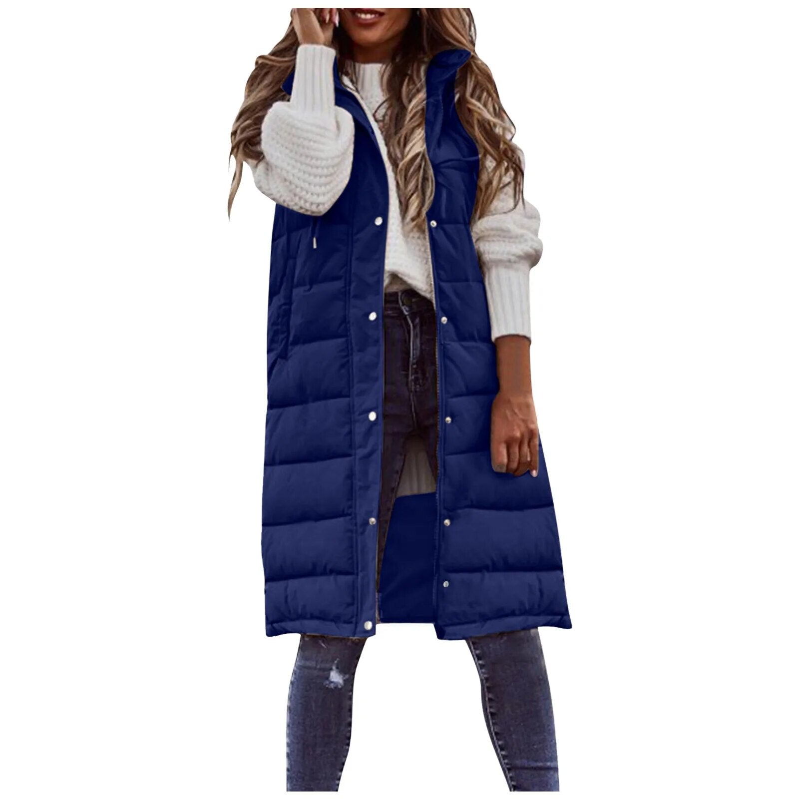 2024 Women's Long Winter Hooded Down Vest Sleeveless Warm Coat Knee-length Waistcoat with Pocket Fashion Brand Streetwear Navy Blue