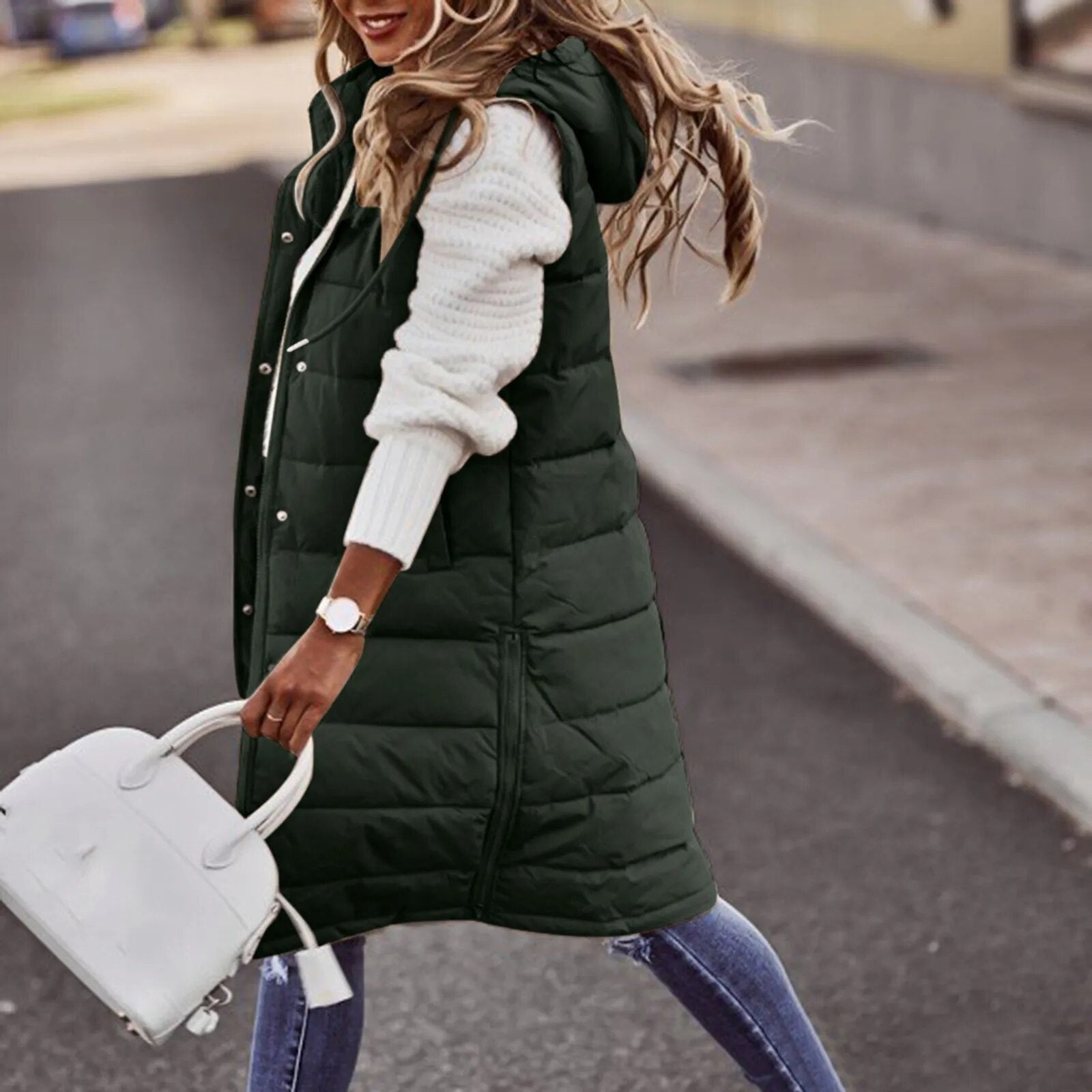 2024 Women's Long Winter Hooded Down Vest Sleeveless Warm Coat Knee-length Waistcoat with Pocket Fashion Brand Streetwear AMAIO