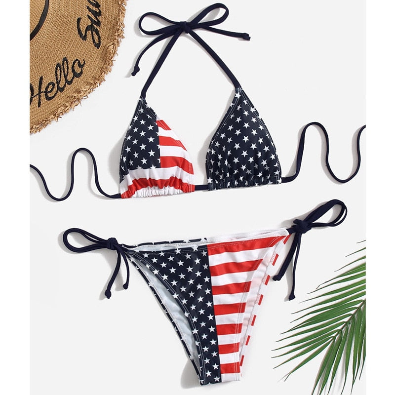 2024 Women's New Bikini Two Pieces Swimwear, US Flag Sexy Set, Beach Vacation Camping Swimwear Brazil suit for Independence Day