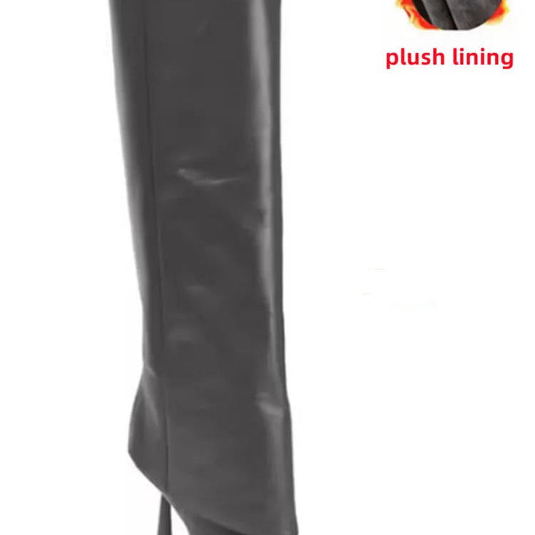 2024 Women's New Knee Length Boots Fashion Pointed Thin High Heel Trouser Sleeve Boots Autumn and Winter Large Size Boots grey plush lining