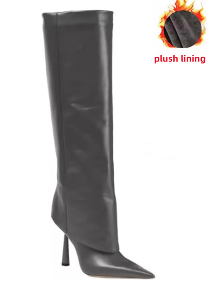 2024 Women's New Knee Length Boots Fashion Pointed Thin High Heel Trouser Sleeve Boots Autumn and Winter Large Size Boots grey plush lining