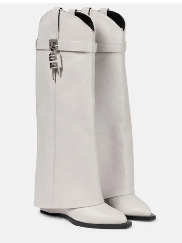 2024 Women's New Over Knee Boots Shark Lock Retro Pattern Thick Sole High Heel Boots Designer Brand Women's Long Leather Boots White cowhide