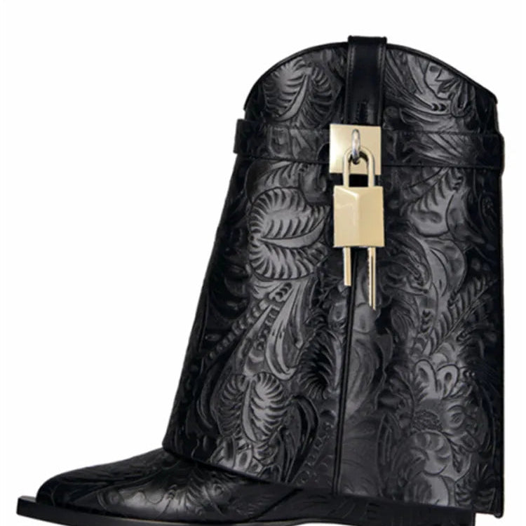 2024 Women's New Over Knee Boots Shark Lock Retro Pattern Thick Sole High Heel Boots Designer Brand Women's Long Leather Boots Black pattern PU