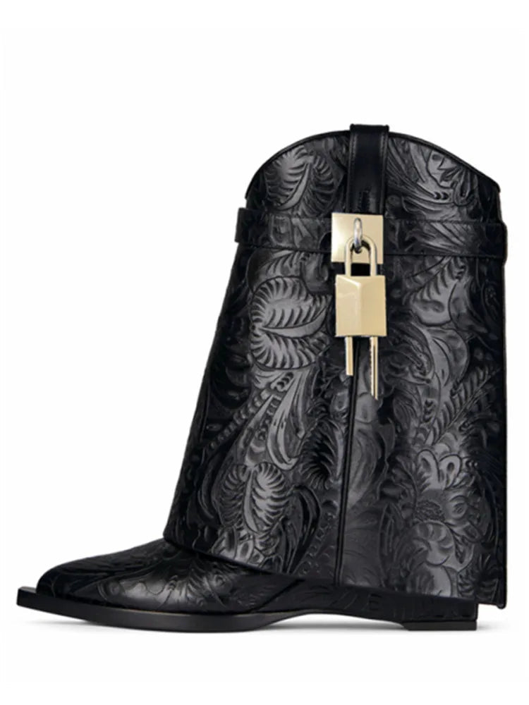 2024 Women's New Over Knee Boots Shark Lock Retro Pattern Thick Sole High Heel Boots Designer Brand Women's Long Leather Boots Black pattern PU