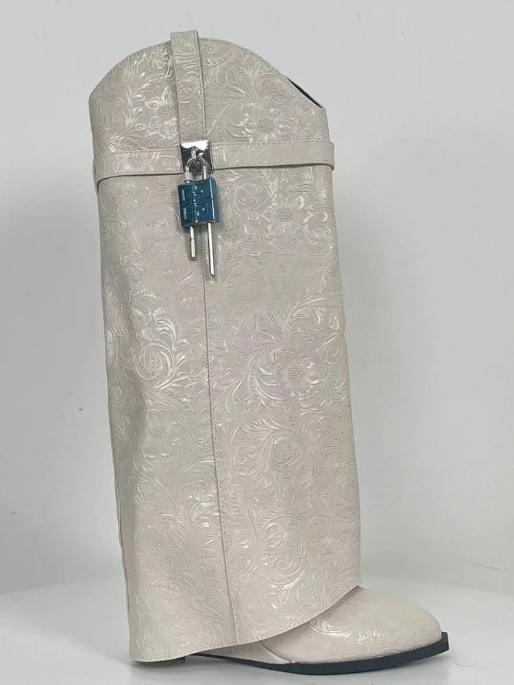 2024 Women's New Over Knee Boots Shark Lock Retro Pattern Thick Sole High Heel Boots Designer Brand Women's Long Leather Boots