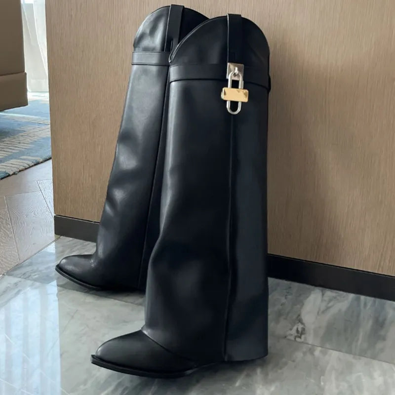 2024 Women's New Over Knee Boots Shark Lock Retro Pattern Thick Sole High Heel Boots Designer Brand Women's Long Leather Boots