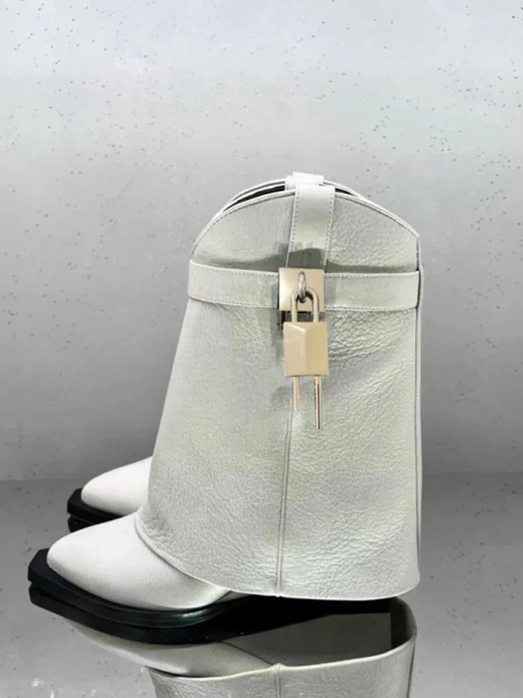2024 Women's New Over Knee Boots Shark Lock Retro Pattern Thick Sole High Heel Boots Designer Brand Women's Long Leather Boots white pu 1