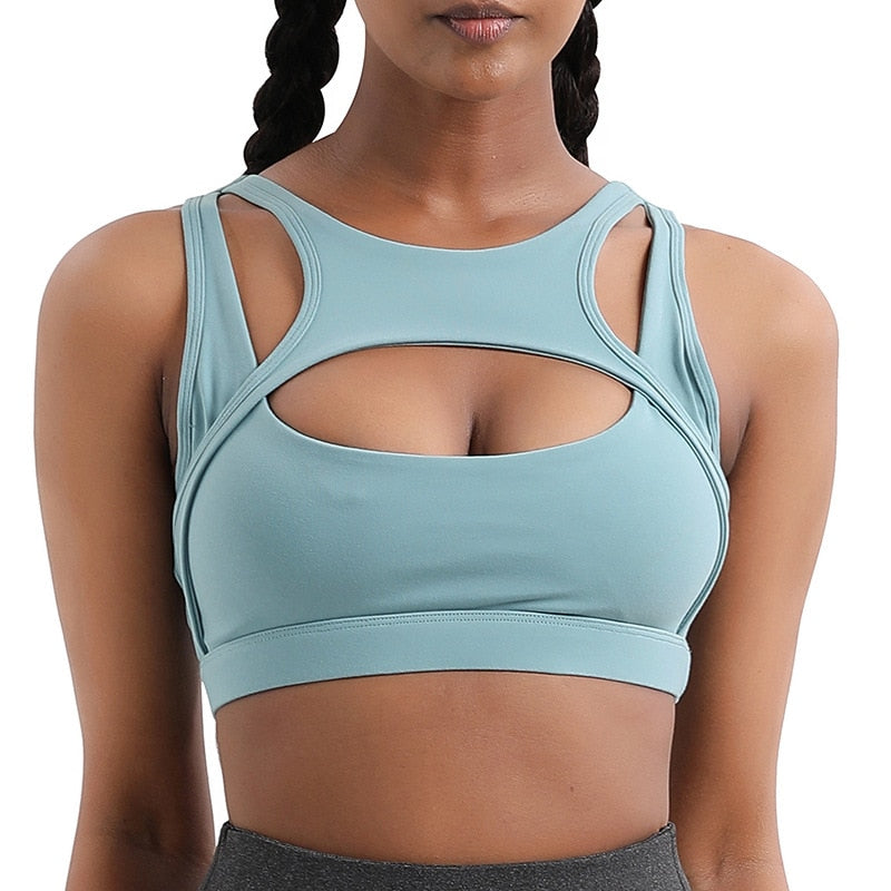 2024 Workout Top Nylon Breathable Gym Sportswear Vest For Women Sports Fitness Female Underwear Sport running Bra Sexy Tops Blue