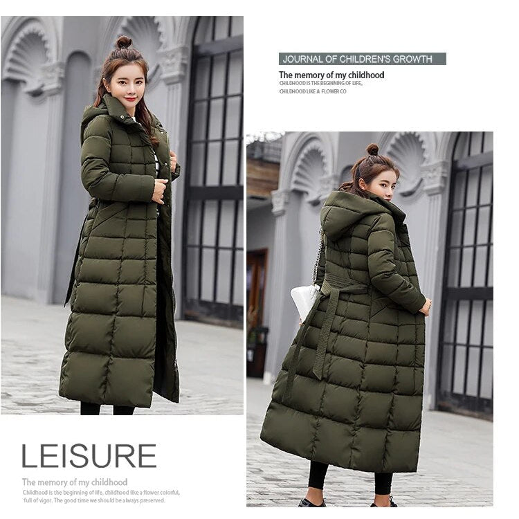 Winter jacket women's warm fashion bow belt fox fur collar coat long dress women's thick coat Army Green