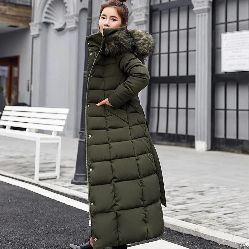 Winter jacket women's warm fashion bow belt fox fur collar coat long dress women's thick coat