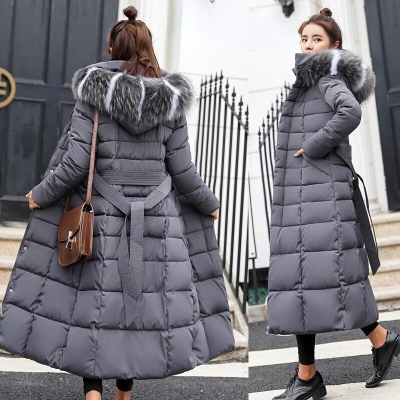 2024 new winter jacket women's warm fashion bow belt fox fur collar coat long dress women's thick coat AMAIO