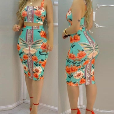 2024 summer women's fashion elegant blue butterfly floral vest printed skirt