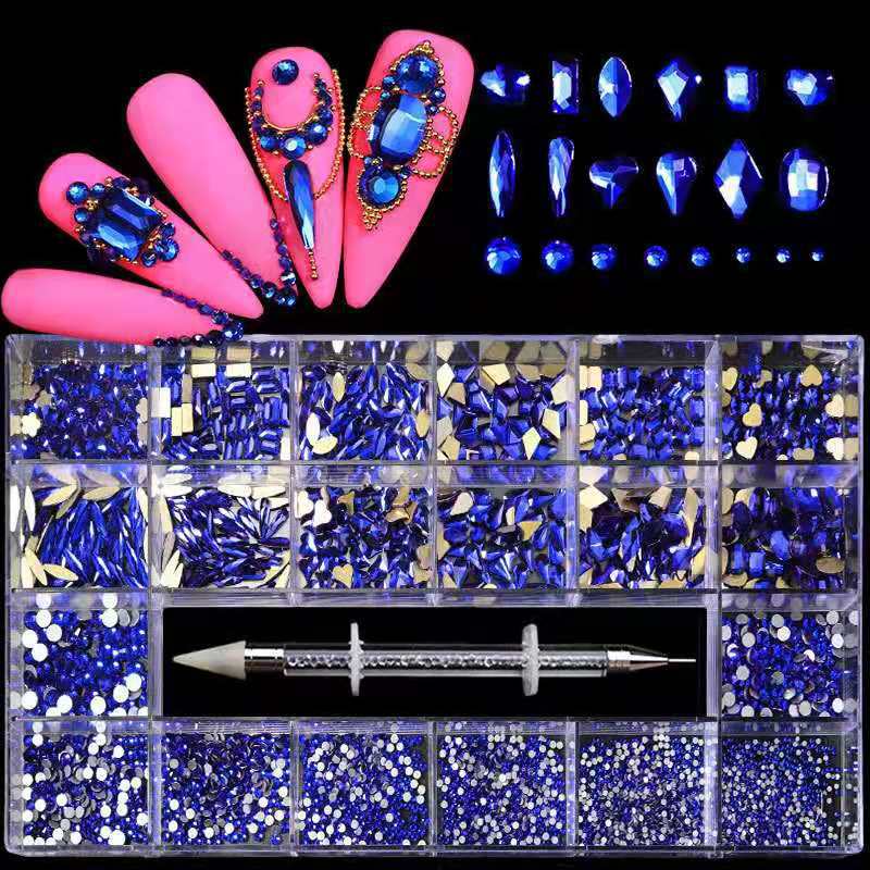 21 Grids Nail Decorations Box Packing AB Gold 3D Non-HotFix FlatBack Nail Art Rhinestones with Dot Pen Set Beauty Stones