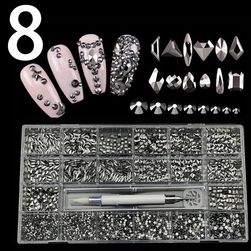 21 Grids Nail Decorations Box Packing AB Gold 3D Non-HotFix FlatBack Nail Art Rhinestones with Dot Pen Set Beauty Stones 8
