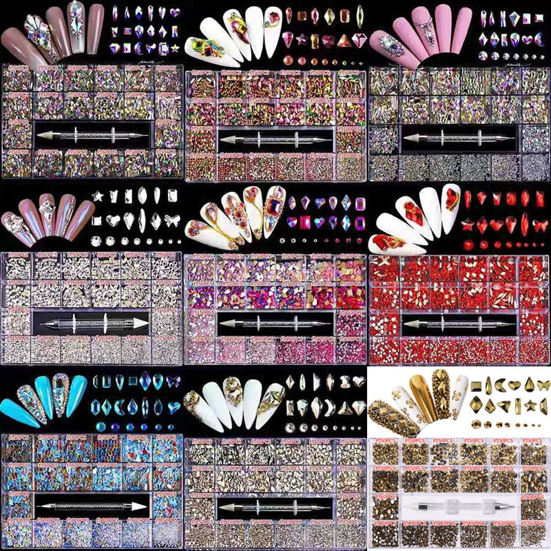 21 Grids Nail Decorations Box Packing AB Gold 3D Non-HotFix FlatBack Nail Art Rhinestones with Dot Pen Set Beauty Stones AMAIO