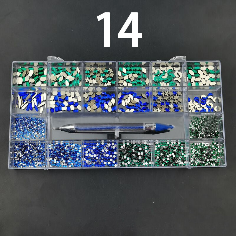 21 Grids Nail Decorations Box Packing AB Gold 3D Non-HotFix FlatBack Nail Art Rhinestones with Dot Pen Set Beauty Stones 14