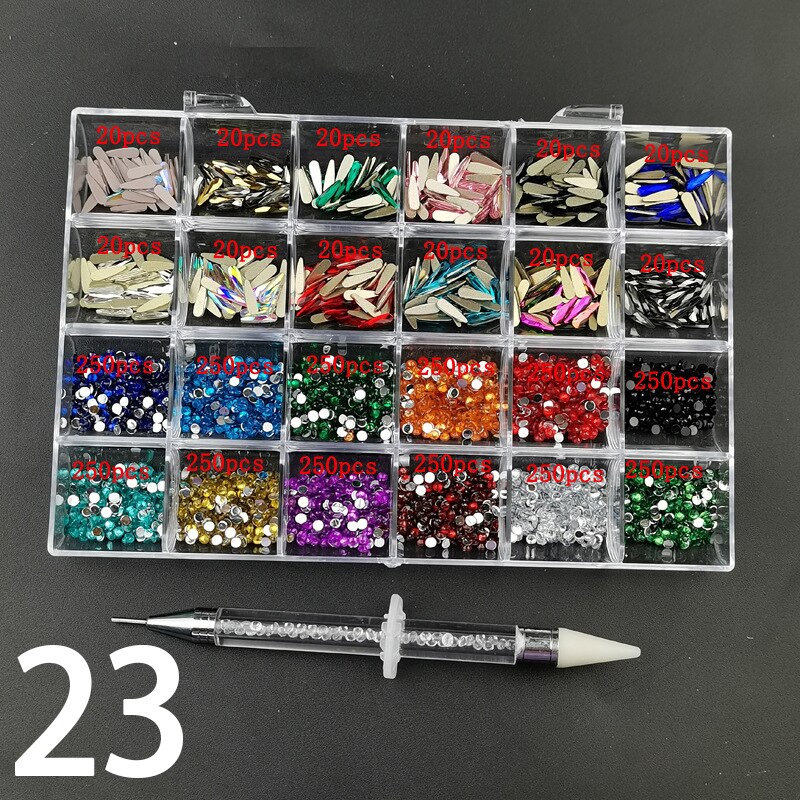 21 Grids Nail Decorations Box Packing AB Gold 3D Non-HotFix FlatBack Nail Art Rhinestones with Dot Pen Set Beauty Stones 23