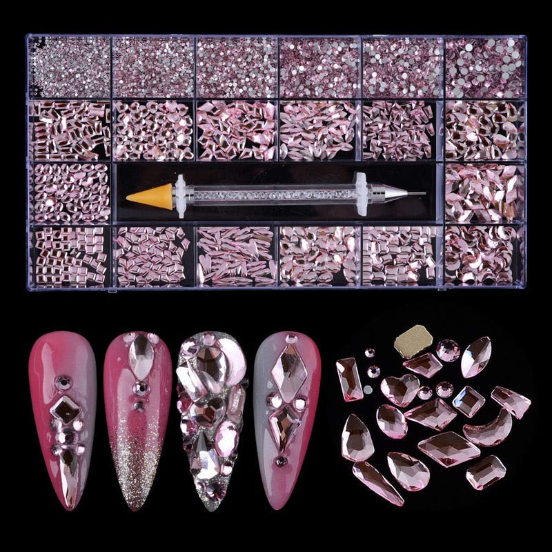 21 Grids Nail Decorations Box Packing AB Gold 3D Non-HotFix FlatBack Nail Art Rhinestones with Dot Pen Set Beauty Stones