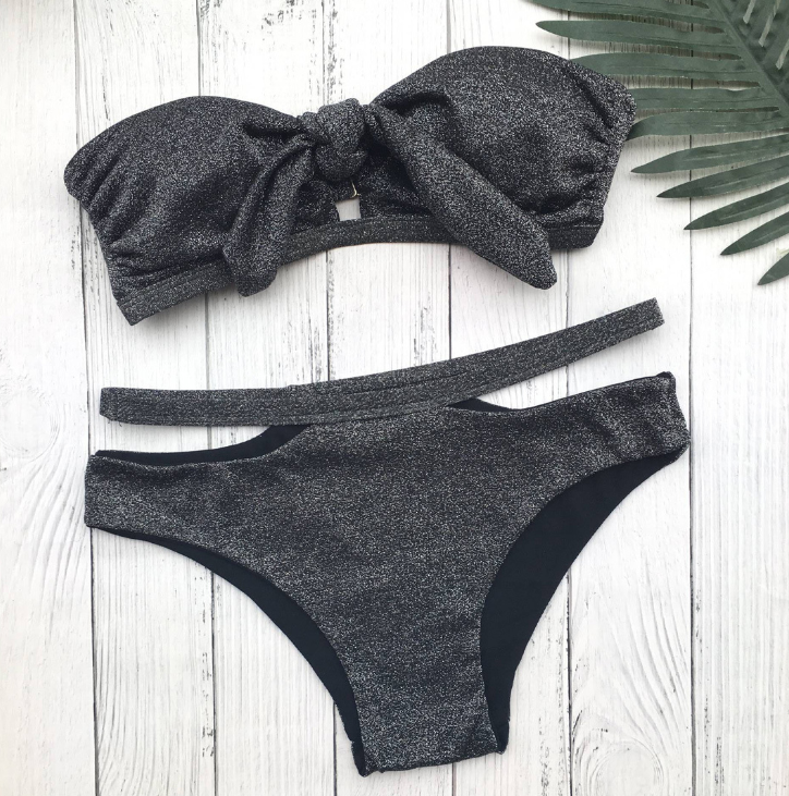 Swimsuit black sequined knit sexy swimsuit bikini Black