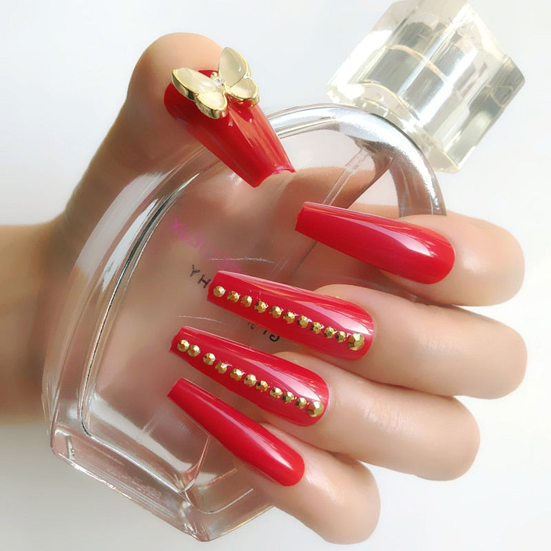 24 Pcs Pink False Nail Tips Women Wearable Fake Press on Nails With Pearl Diamond Full Cover Artificial Nails Custom Made HL3501HD