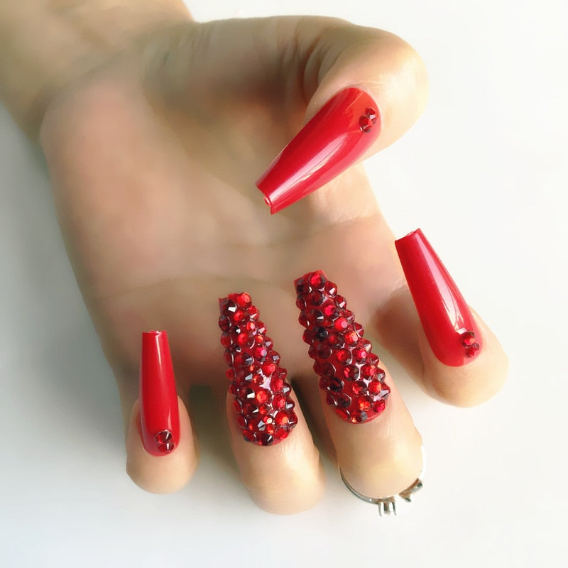 24 Pcs Pink False Nail Tips Women Wearable Fake Press on Nails With Pearl Diamond Full Cover Artificial Nails Custom Made HL3520