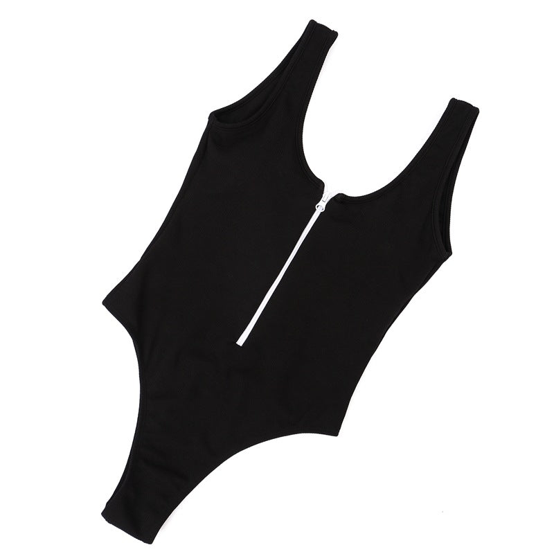 Solid color zipper stitching sexy swimsuit