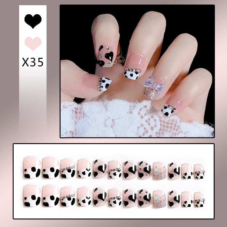 24PCS/Box Bowknot Rabbit Pattern Pearl Short Square Designer Fashion Design French Style Full Covering Pressed Fake Nails X35---Fake Nails