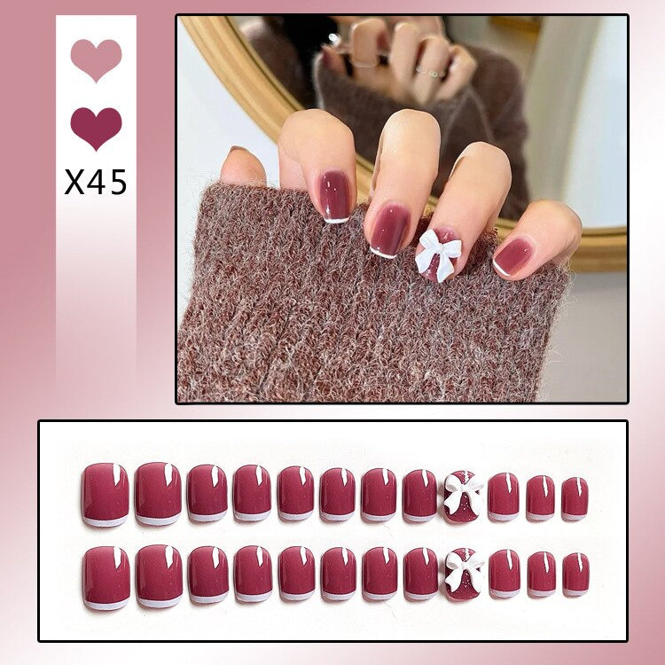 24PCS/Box Bowknot Rabbit Pattern Pearl Short Square Designer Fashion Design French Style Full Covering Pressed Fake Nails X45---Fake Nails