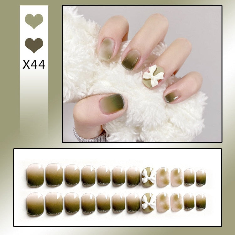 24PCS/Box Bowknot Rabbit Pattern Pearl Short Square Designer Fashion Design French Style Full Covering Pressed Fake Nails X44---Fake Nails