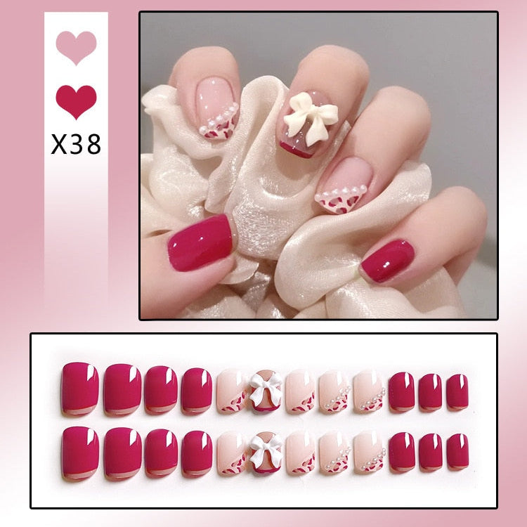 24PCS/Box Bowknot Rabbit Pattern Pearl Short Square Designer Fashion Design French Style Full Covering Pressed Fake Nails